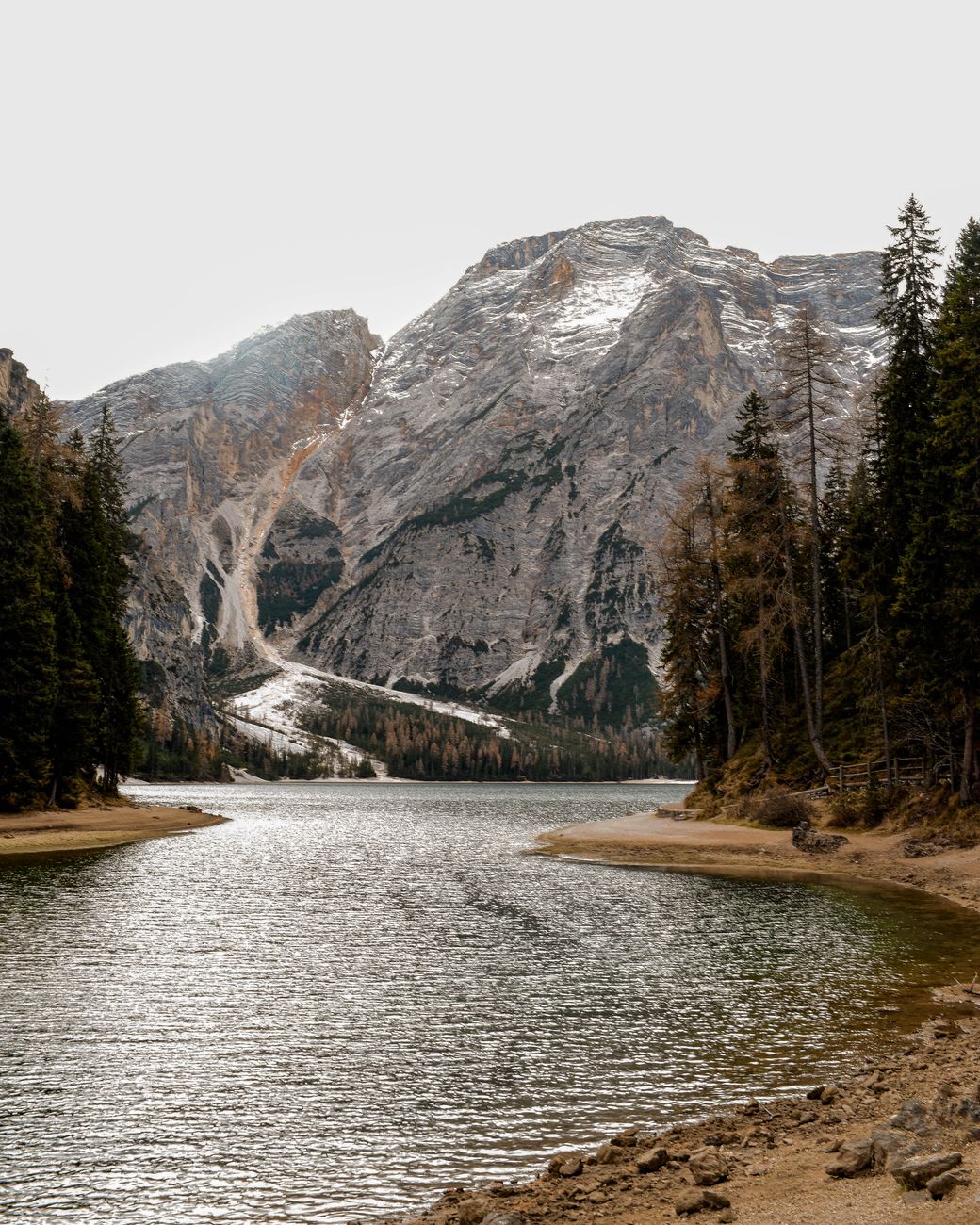 a lake between trees near the snow covered mountains
